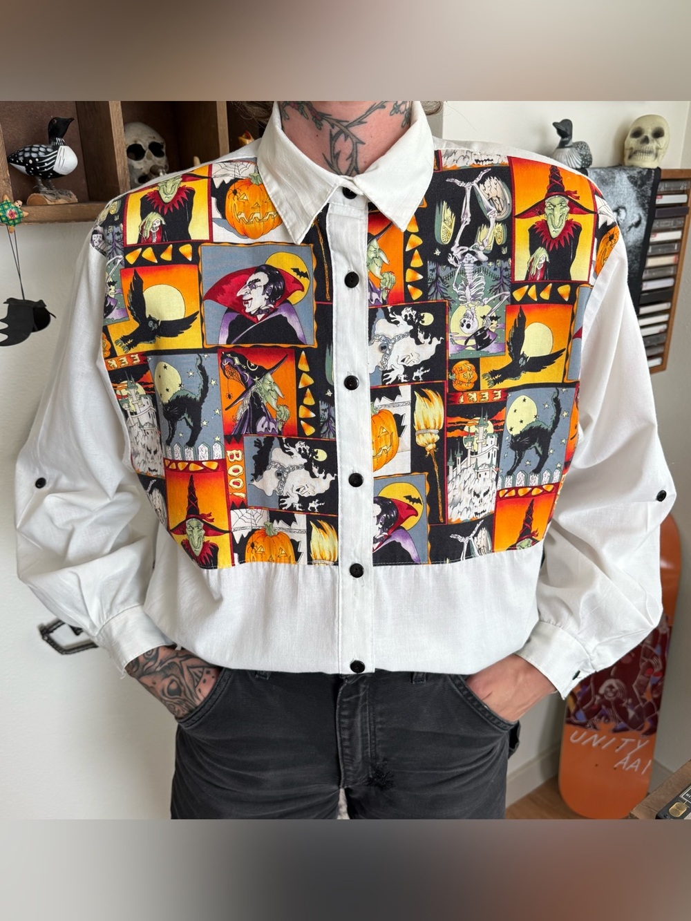 Vintage 90s Halloween Patchwork Novelty Graphic Button Up Shirt ~ Size Medium